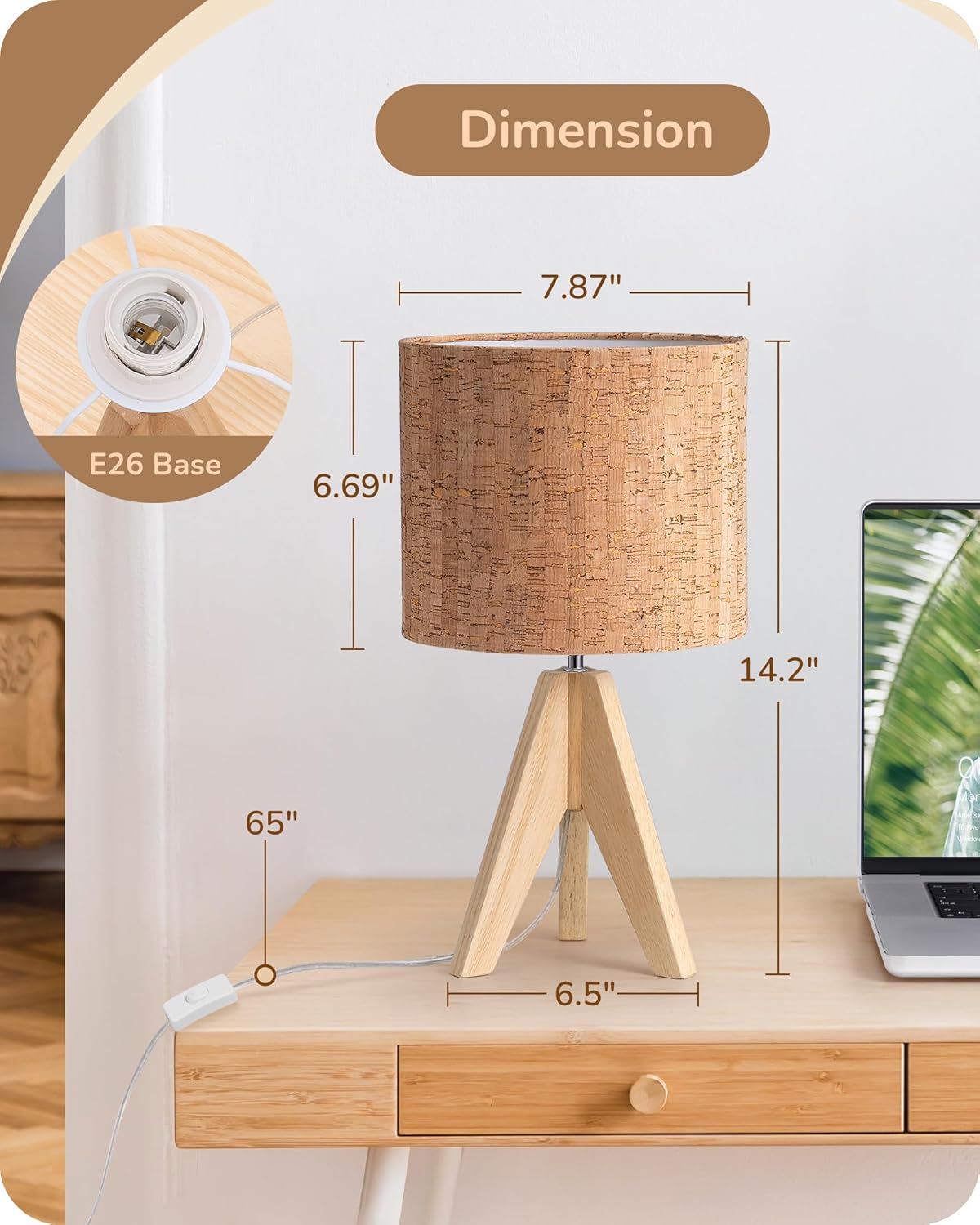 Small Table Lamp, Wooden Tripod Nightstand Lamp with Bark Linen Shade, Farmhouse Bedside Lamp for Nursery, Bedroom, Kids Room, Office, Reading Desk, 14.2 Inch, E26 Socket, ON/Off Switch