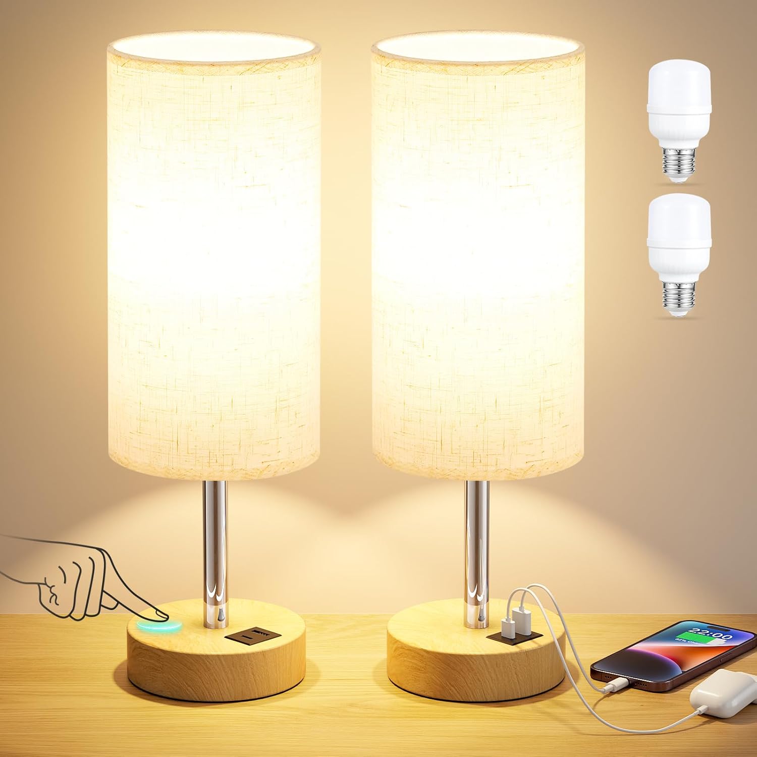 Touch Bedside Lamps Set of 2 - 3 Way Dimmable Table Lamps for Bedroom, Nightstand Lamp with Wooden Charging Station for Kids Room Dorm, Small Desk Lamp for Living Room, Office, Kids Room, Nursery