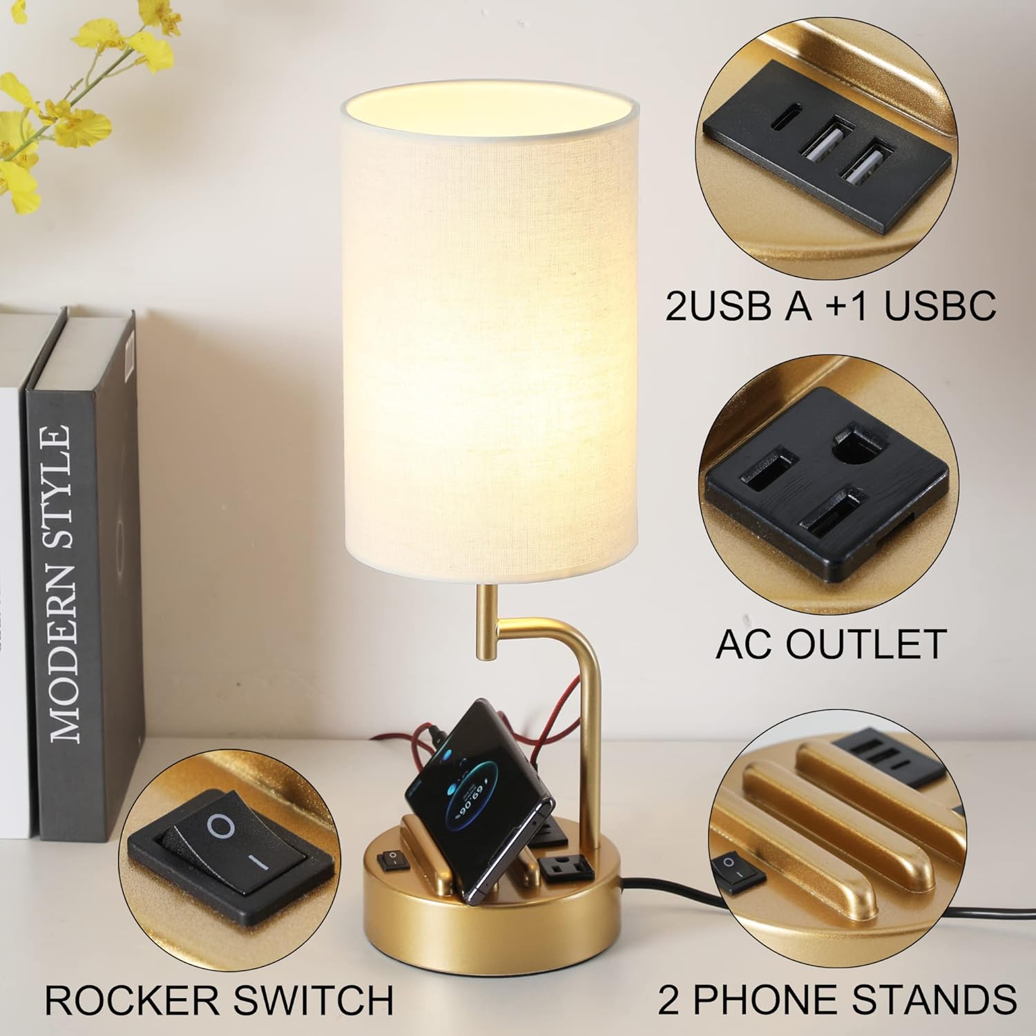 Table Lamp with 3 USB Charging Ports, Modern Desk Lamp with AC Outlet and Phone Stands, Perfect Bedside Lamp for Bedroom, Living Room, Office (Pack of 2), Gold