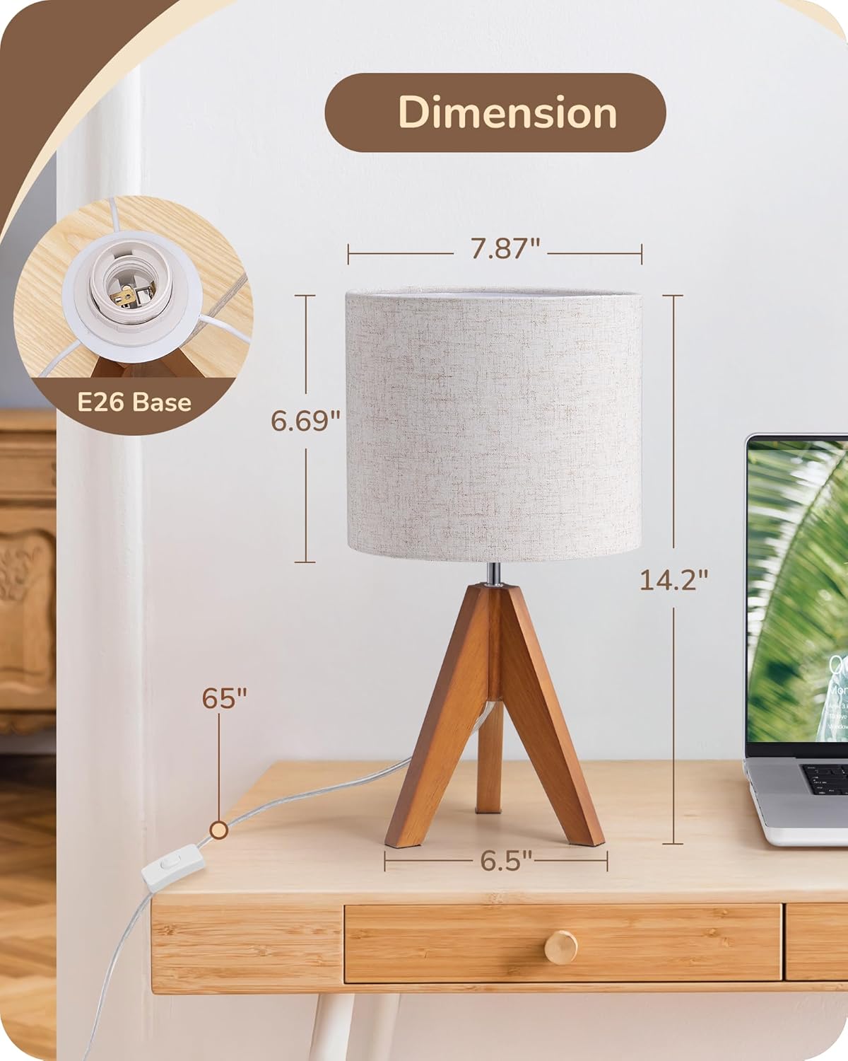 Tripod Table Lamp, Small Cute Bedside Lamp with Linen Beige Lampshade, Nightstand Lamp for Nursery, Bedroom, Kid Room, Living Room, Light Brown Wooden Base, E26 Socket, 14.2 Inch
