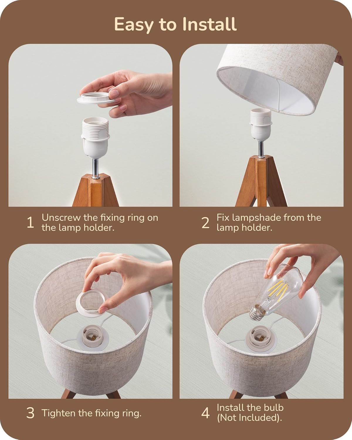 Tripod Table Lamp, Small Cute Bedside Lamp with Linen Beige Lampshade, Nightstand Lamp for Nursery, Bedroom, Kid Room, Living Room, Light Brown Wooden Base, E26 Socket, 14.2 Inch