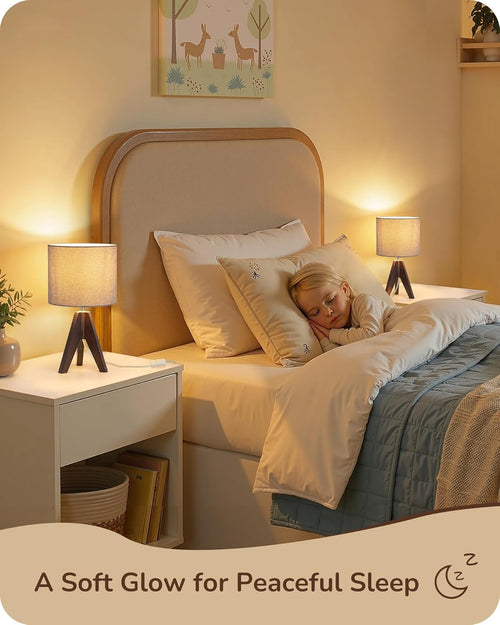 Boho Small Table Lamp, Walnut Color Wooden Tripod Bedside Lamp, Farmhouse Nightstand Lamp for Nursery, Bedroom, Office, Kid Room, Living Room, Grey Linen Lampshade, E26 Socket, 14.2 Inch