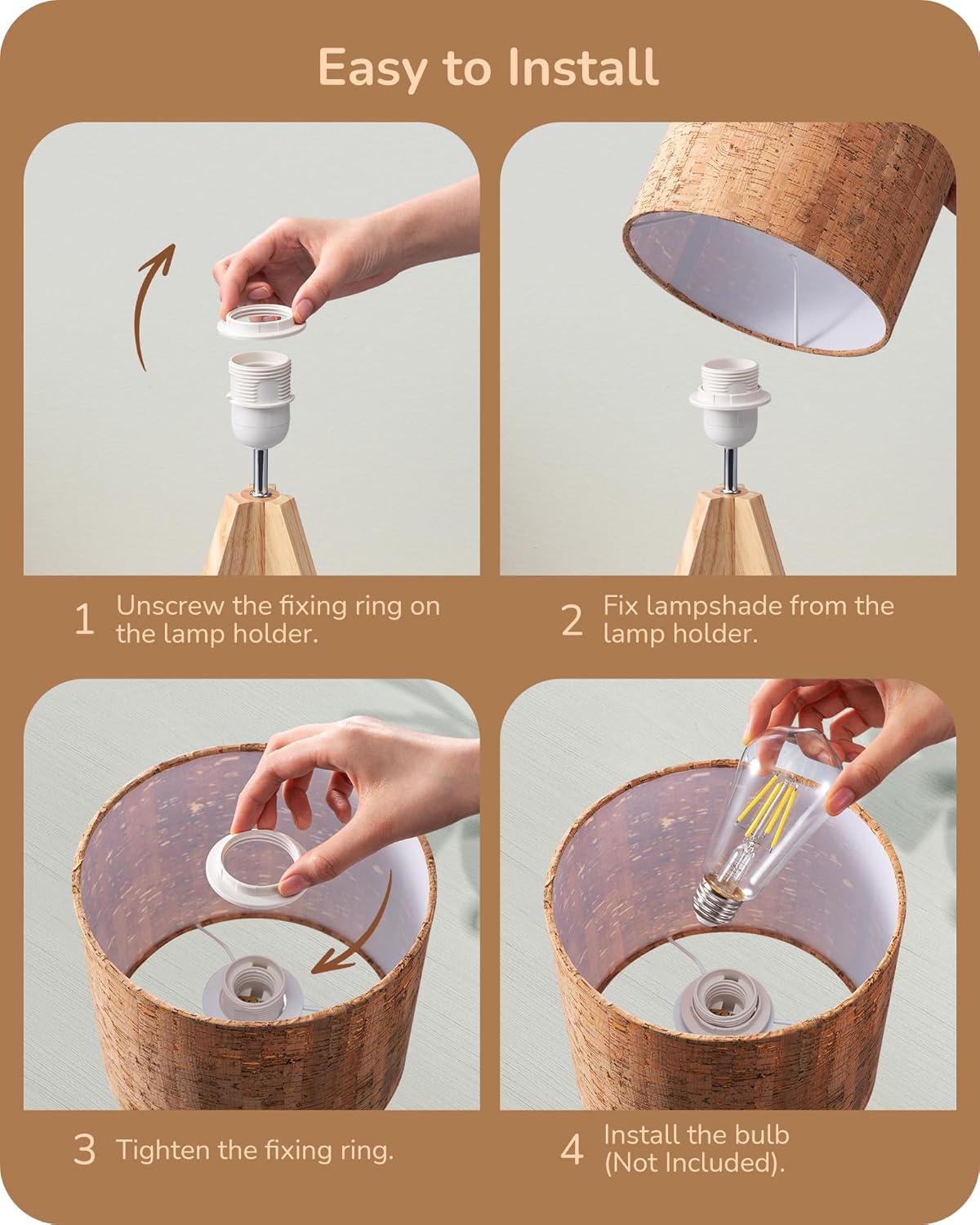 Small Table Lamp, Wooden Tripod Nightstand Lamp with Bark Linen Shade, Farmhouse Bedside Lamp for Nursery, Bedroom, Kids Room, Office, Reading Desk, 14.2 Inch, E26 Socket, ON/Off Switch