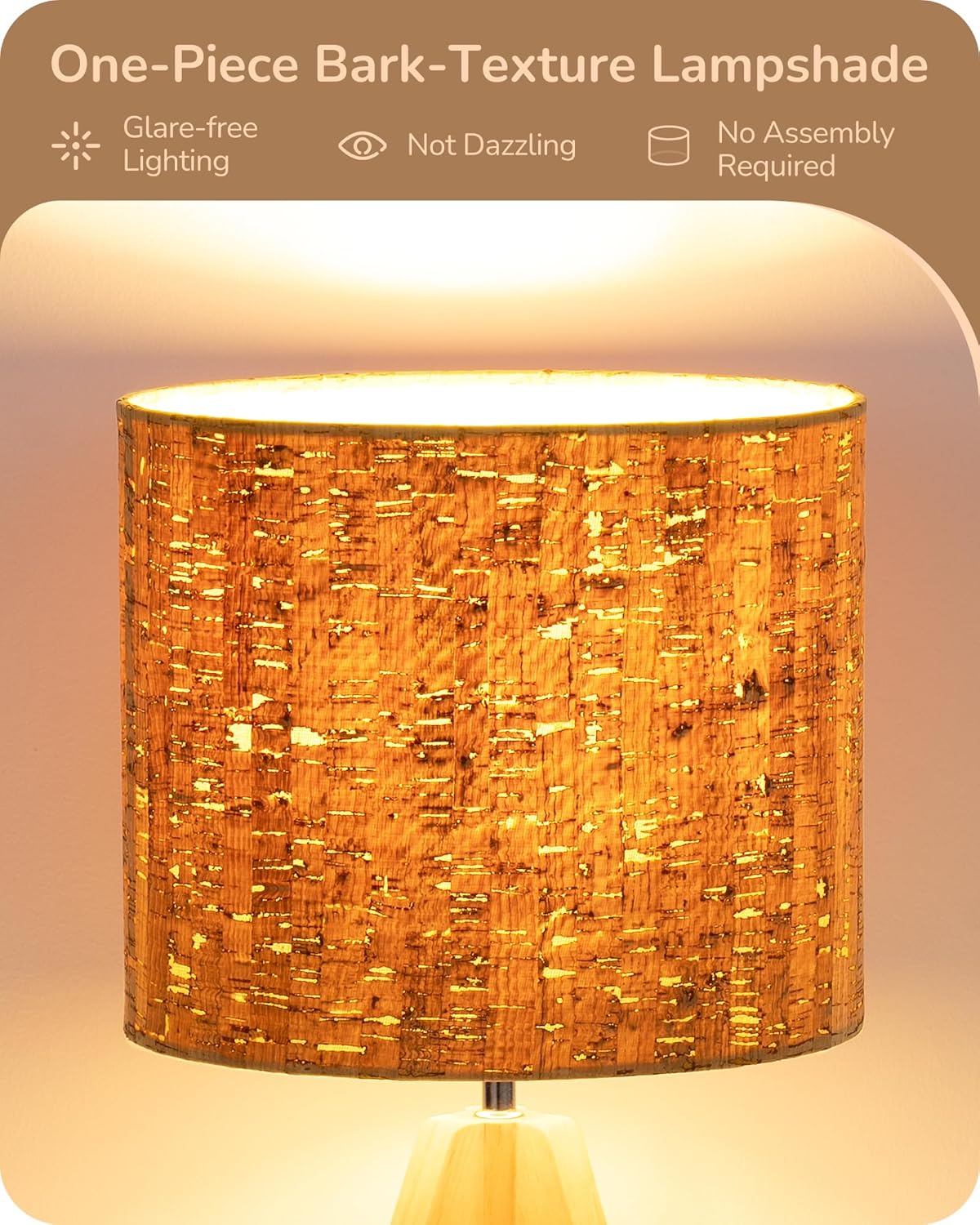 Small Table Lamp, Wooden Tripod Nightstand Lamp with Bark Linen Shade, Farmhouse Bedside Lamp for Nursery, Bedroom, Kids Room, Office, Reading Desk, 14.2 Inch, E26 Socket, ON/Off Switch