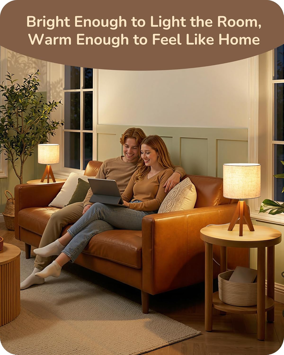 Tripod Table Lamp, Small Cute Bedside Lamp with Linen Beige Lampshade, Nightstand Lamp for Nursery, Bedroom, Kid Room, Living Room, Light Brown Wooden Base, E26 Socket, 14.2 Inch