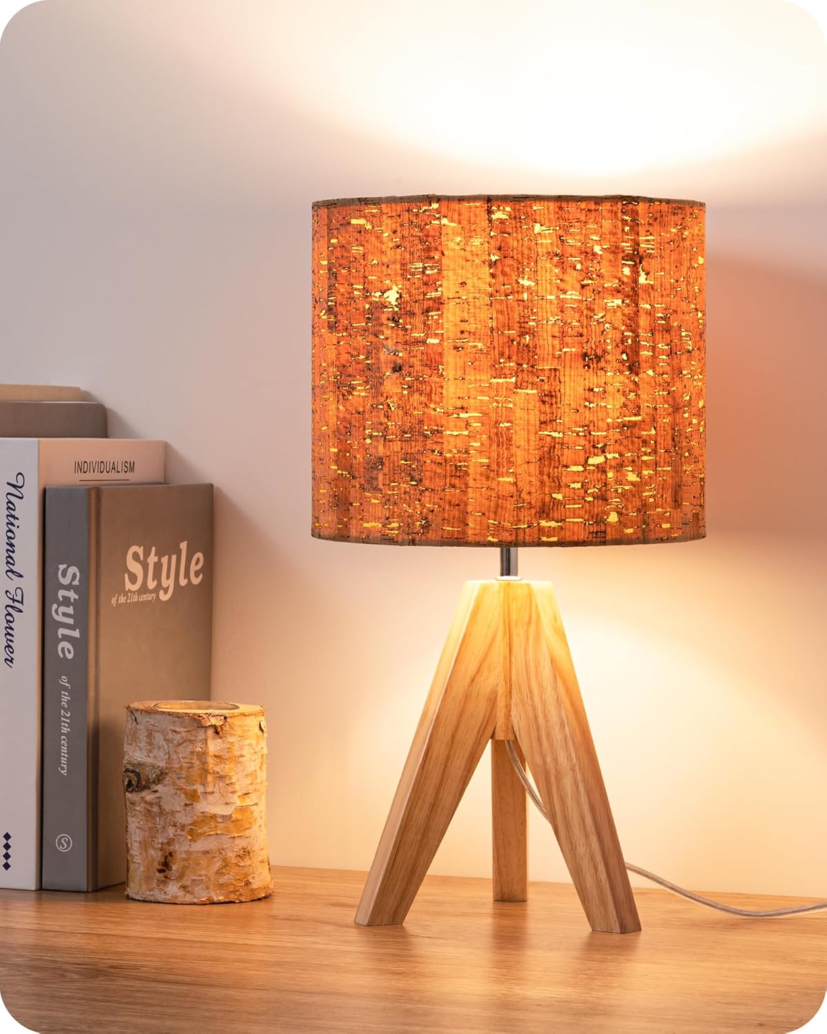 Small Table Lamp, Wooden Tripod Nightstand Lamp with Bark Linen Shade, Farmhouse Bedside Lamp for Nursery, Bedroom, Kids Room, Office, Reading Desk, 14.2 Inch, E26 Socket, ON/Off Switch