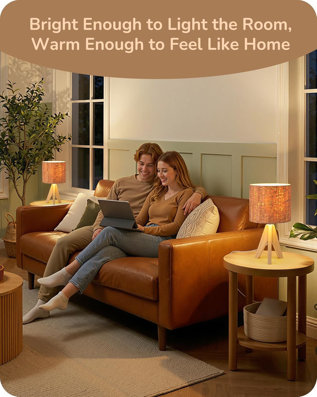 Small Table Lamp, Wooden Tripod Nightstand Lamp with Bark Linen Shade, Farmhouse Bedside Lamp for Nursery, Bedroom, Kids Room, Office, Reading Desk, 14.2 Inch, E26 Socket, ON/Off Switch